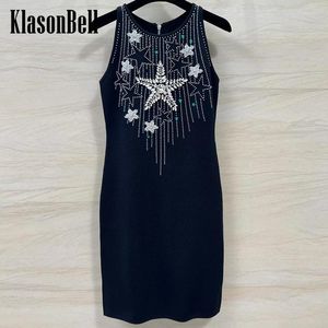 Vestidos casuais 3.11 Klasonbell Star Diamonds Diamantes de miçangas o-com-gola mangas Mulheres pretas de malha de malha colecionar mini festa