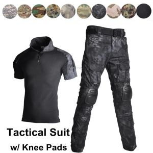 パンツユニフォームカモフラージ戦術戦闘スーツエアソフトCSウォーゲーム衣料ショートスリーブシャツ +膝パッド付きパンツ