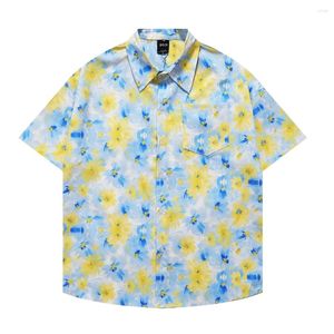 Mäns avslappnade skjortor män y2k hawaiian skjorta hip hop streetwear blekgul blommor strand kort ärm kvinnor aloha tunna löst toppar unisex