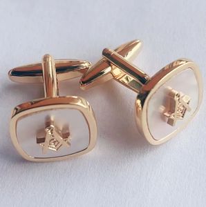 2 par White Pearl Seashell Freemason Cufflinks Natural Sea Shell Free Mason Cuff Links Masonic Men smycken Tillbehör240412