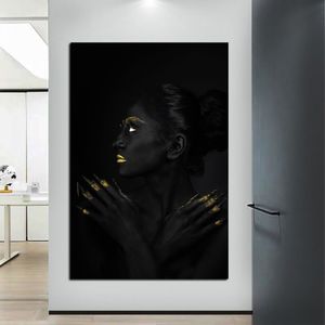 ブラックゴールドの女性ポスターキャンバス絵画壁アート写真リビングルームのモダンな家の装飾ポスターとプリントno frame252r