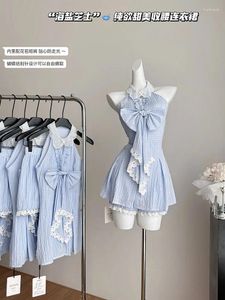 Frauen Tracksuits Casual Korean Fashion Outfits 2 Stück Shorts Sets Turndown Collar Kleid Baggy High Taille Blue Gyaru 2000er Ästhetik