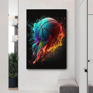 スペース宇宙飛行士プレイバスケットボールファイアボールカラフルスポーツポスターキャンバス絵画壁アートリビングルームの家の装飾クアドロス