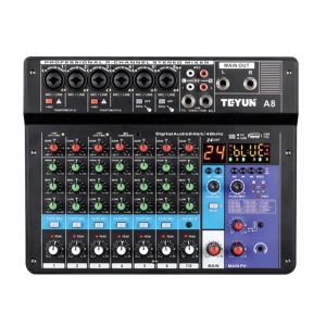 Mixer Teyun 8 Channel DJ Mixing Tabell 24 DSP Effect Audio Mixer Bluetooth PC USB Spela inspelning 48V Contoler Sound Mixing Console A8