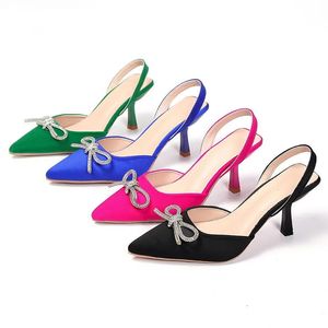 Womens High-heels Shoes Bow Rhinestone Fashion Woman Pumps Rose Red Pointed Toe Sexy Sandals Ladies Stiletto Mules 240329