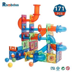 Zabawa dekompresji Romboss 171pcs Magnetyczne bloki budulcowe marmurowe Run Track Toys Zabawki Dzieci Monturujące płytki magnetyczne drewniane rurę kulową zabawkę 240413