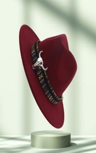 Unisex szeroki kowboj fedora hat bull head dekoracja mężczyzn Women Wool Feel Trilby Hazbler Hats Jazz Panama Caps2586368