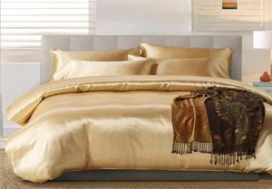 100の良質サテンシルクの寝具セットフラットソリッドカラー英国サイズ3 PCSゴールド羽毛布団カバーフラットシート枕カバー7648626