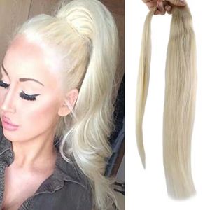 Long Ponytail Extension Real Hair 60 Platinum Blonde Hair Extensions Soft Silky Straight Clip on Wrap Around Ponytail Human Hair One Piece Hairpiece for Women 120g