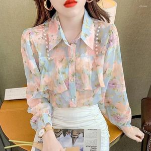 Kvinnors blusar WDMSNA Spring Pearl Chain Splicing Ruffle Women French Temperament Shirt For Loose Puff Long Sleeve Blusas Top