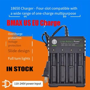 Original BMAX Batteriladdare 4 Bay Slots Litium Smart Us EU Plug Charger för IMR 18350 18650 26650 21700 Universal Li-ion Laddningsbara batterier Laddare Autentiska