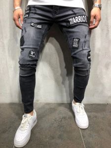 Pants Skinny Hole Ripped Denim Jeans for Men Hip Hop Slim Fit Streetwear Patchwork Badge Distressed Black Pencil Pants