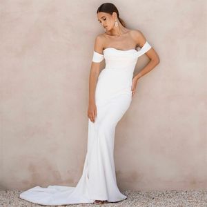 Elegant Long Off Shoulder Crepe Wedding Dresses With Slit Mermaid Ivory Pleated Sweep Train Zipper Back Bridal Gowns for Women