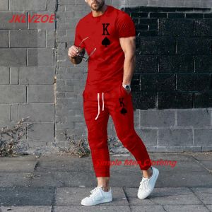 Pantolon Yeni Erkekler Pantolon Trailsuit 2 Parça Set 3D Baskılı K Düz Renk Kısa Kollu Tişört+Uzun Pantolon Sokak Giysileri Erkek Giyim