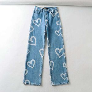 Love impresso calças de perna larga para mulheres no outono de 2021, novo estilo europeu e americano de estilo liso de altos jeans de cintura alta 01