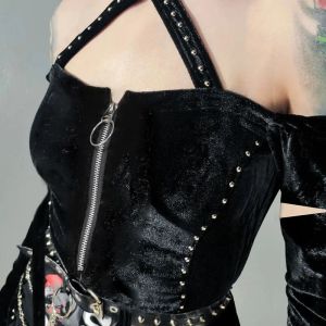 Gothic Velvet Halter Bodysuits Women Flare Sleeve Zipper Off Shoulder Grunge Punk T-shirts Sexy Black Goth Bodysuit Outfit