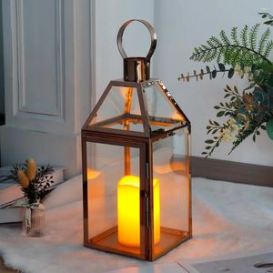 Candle Holders Rose Gold Stainless Steel Holder Hanging Lantern With Tempered Glass For Candles Indoor Outdoor Wedding Party Home Decor