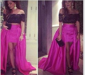 Oi Lo Two Pieces Prom Vestres 2015 Fuchsia Black Lace Off Party Party Dast With Sleeves Vestido de Festa Prom Pakant 9562437