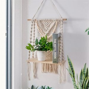 Tapisserier Ciled Macrame Tapestry Hyllvägg Hängande handgjorda Tassel Bomull Rep Woven Plant Hanger Wood Floating Decor