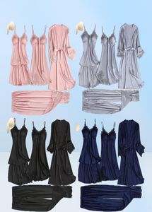 Satin spets pyjamas Set Women 5pc remmen Top Pants Sleepwear Sleep Spring Autumn Pyjamas Home Wear Nightwear Robe Gown MXXL5041701