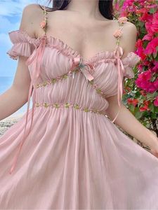 Party Dresses Pink Sweet Trap Dress Summer Women Elegant V-ringen Bow Floral Fairy Female Sexy Off Shoule Chic Holiday Vestidos