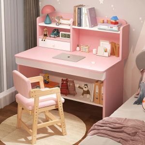 Wooden Kids Study Desk and Chair Set 2Pcs Writing Computer Office Table for School Students Adjustable Chair Storage Cabinets