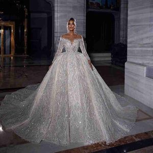 2022 Sparkle glitter bröllopsklänningar brudklänningar långa ärmar spets paljett mantel de mariage handgjorda ren nacke vestido de novia