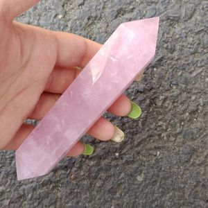 Decorative Figurines 1pc Natural Pink Crystal Chakra Wand Quartz Stone Reiki Healing Column Home Ornament Double-headed Pointed Hexagonal