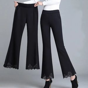 Woman Splicing Lace Fashion Trousers Spring Autumn Thin Office Lady Pocket High Waist Elastic 4XL Loose Female Flare Pants 240412