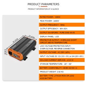 FCHAO 1200W Pure Sine Wave Inverter 12V 24V 48V 220V 230V 240V DC till AC Solar Power Inverter -bil med LCD -skärm för RV