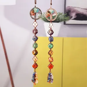 Dekorativa figurer Tree of Life Natural Stone Hanging Pendant For Car Wall Window Rope Wrap Tassel 7 Chakra Crystal Home Ornaments Lucky