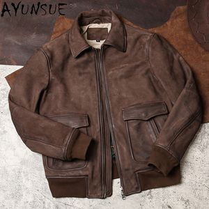 Men's Genuine Leather Jacket Men Vintage Cowhide Goatskin Coat Autumn Winter Bomber Flight Plus Size KJ