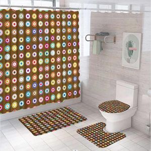 Duschgardiner färgglada geometrisk cirkel polka dot gardin set abstrakt modernt brunt badrum icke-halk matta badmatta toalett täckning