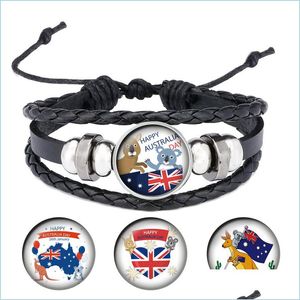 Charm Bracelets Australia Day Flag Koala Pattern Glass Cabochon Snap Mens Leather Bracelet Adjust Size For Gift B058 Drop Delivery Je Dhfwx