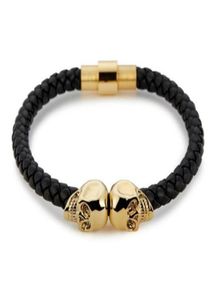 Sell Mens Black Genuine Leather Braided Skull Bracelets Men Women Stainless Steel Gold North Skull Bangle Fashion Jewelry4415728