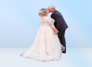 Suknie ślubne plus w rozmiarze na pół rękawie aplikacja koronkowa Tiul A Line Bohemian Boho Bridal Solens Garden Country Wedding