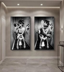 Nordic Canvas Art Posters And Prints Sexy Girl Sit in a Toilet Black and White Woman Smoke and Drink in Restroom Picture Poster4568028