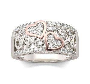 Anéis de coração duplo de cor de ouro rosa romântico para mulheres moda full zircon weaking rings dedo jóias de festas encantadoras de festa4743946