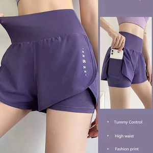 Gym Sport Shorts Women Elastic High Waist Short Pants With Pockets Fake Two Pieces Yoga Leggings Running Training Shorts 240327