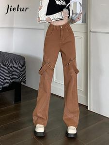 Kvinnors jeans high street kvinnlig mode koreansk höst rak smal casual mörk kaffekvinnor dragkedjor coola denim byxor s-xl