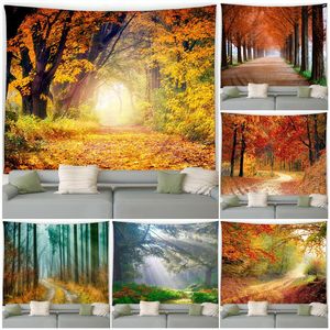 Autumn Forest Tapestry Natural Maple Tree Gul Falling Leaves Rustic Landscape Fall Garden Wall Hang Home Living Room Decor