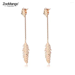 Dangle Earrings ZooMango Fashion Stainless Steel Tassel Feather Jewelry For Women Rose Gold Color Leaf Long ZE17124
