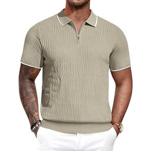 Soft Fabric Geometric Texture Contrast Color Polo Collar Shirts Short Sleeve Quarter Zip Textured Knit t for Men
