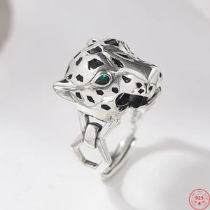 S925 Sterling Silver Charms Rings for Women Men Fashion Spotted Leopard Head Green Zirconia Punk Jewelry 240412