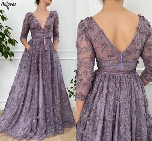 Stylish 3D Flowers Beaded Lace Prom Dresses With Pocket V Neck 3/4 Long Sleeves Formal Party Gowns Sweep Train A Line Women Second Reception Vestidos Plus Size CL3483