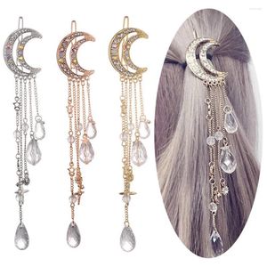 Hair Clips Fashion Elegant Women Bands Lady Moon Rhinestone Crystal Tassel Long Chain Beads Dangle Hairpin Clip Jewelry