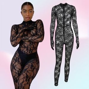 Lässige Kleider Hirigin Long Sleeve mit Handschuhen Spitze Mesh Jumpsuit Bodycon sexy aufsehen durch Party Club ROMPER Rave Festival Outfit7504109