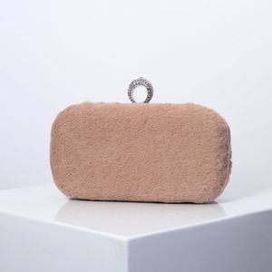 Velvet Clutch Bag for Winter Fake Rabbit Fur Small Chain Handbag Knucklebox Diamond Ring Design Ladies Crossbody Evening Bags