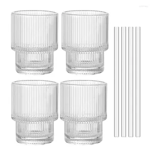 Wine Glasses E5BB 4pc Ribbed Drinking Juice Cup Vintage Glassware For Water Coffee Whiskey