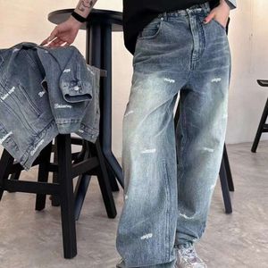 Grundläggande casual klänningar Amerikanska varumärke parisisk stil full bokstav tryckt tvättade jeans för par lösa fashionabla raka ben breda byxor i